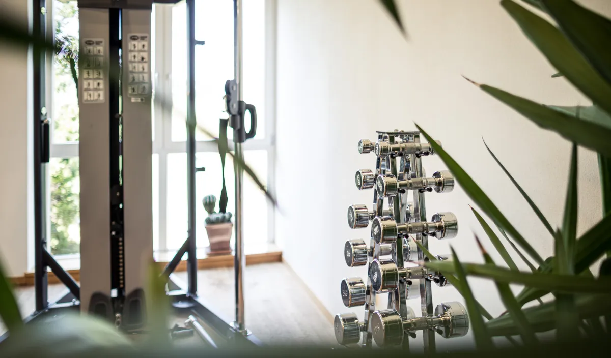 Rastrelliera di manubri e attrezzi nella luminosa palestra del Wellnesshotel Alpenflora